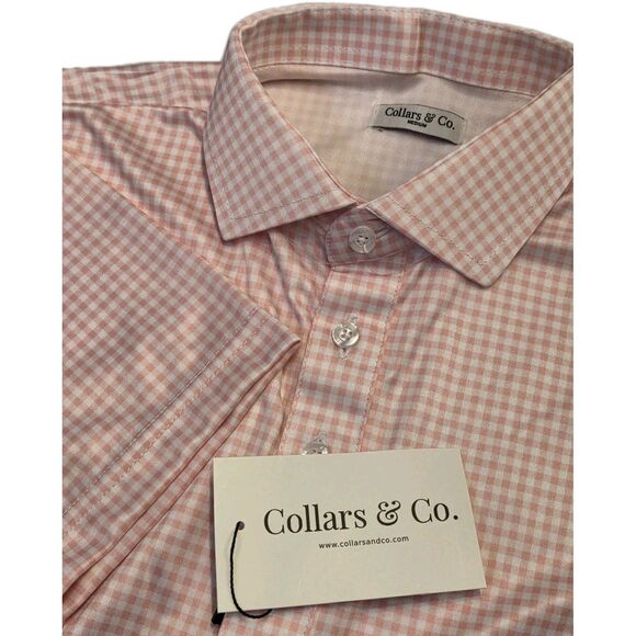 NWT Collars & Co Mens M Shirt Dress Collar Polo Pink Gingham Check Performance - Picture 1 of 7
